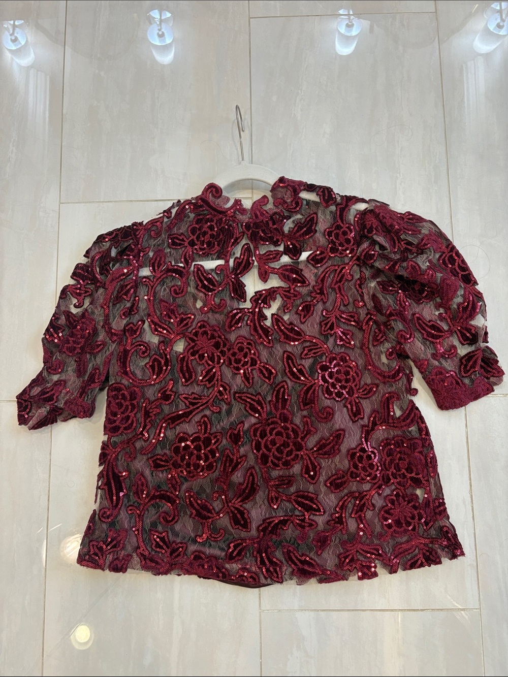Anthropologie Burgundy Floral Sequin Lace Blouse